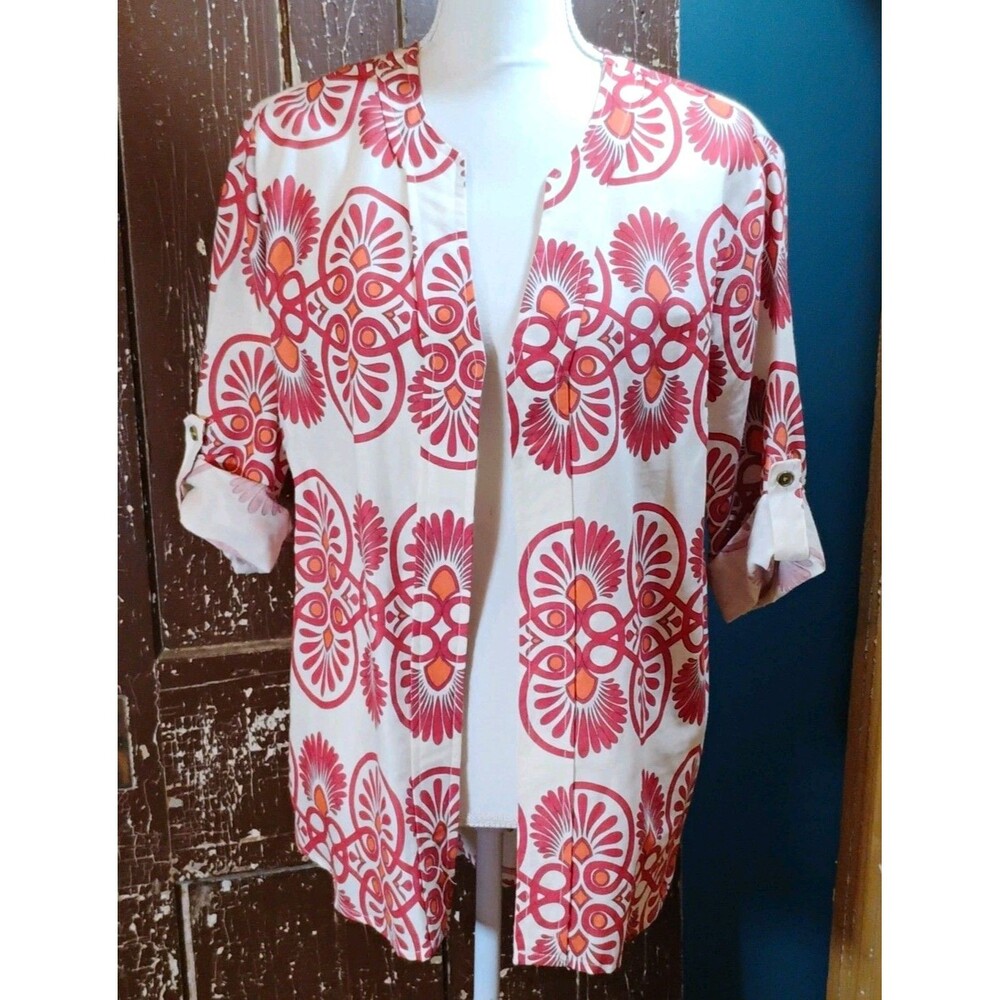 Kaktus Womens M Cream /Rust Geometric Open Kimono Jacket 3/4 Roll Tab Linen